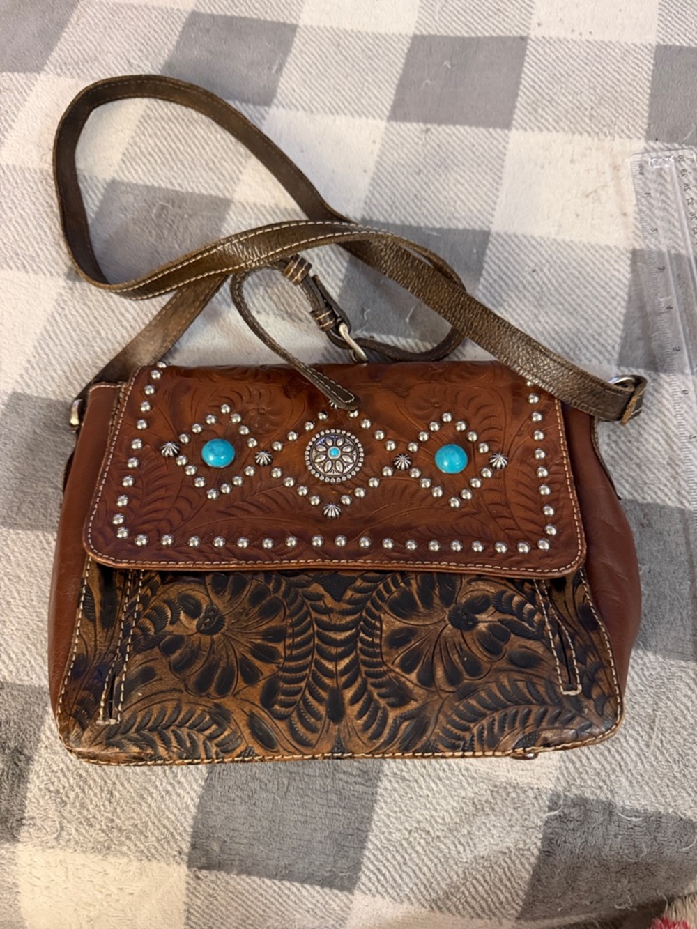 American West Brown Leather Hand Tooled Crossbody with Turquoise Accents